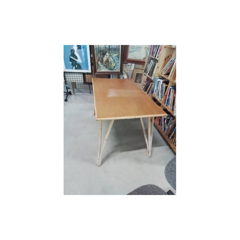 TABLE PIÈTEMENT ROTIN PLATEAU BOIS ANNÉES 60