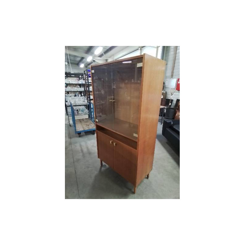 BIBLIOTHÈQUECHENE CLAIR  ANNÉES 60 2 PORTES VITRÉES 1 NICHE 2 PORTES PLEINES