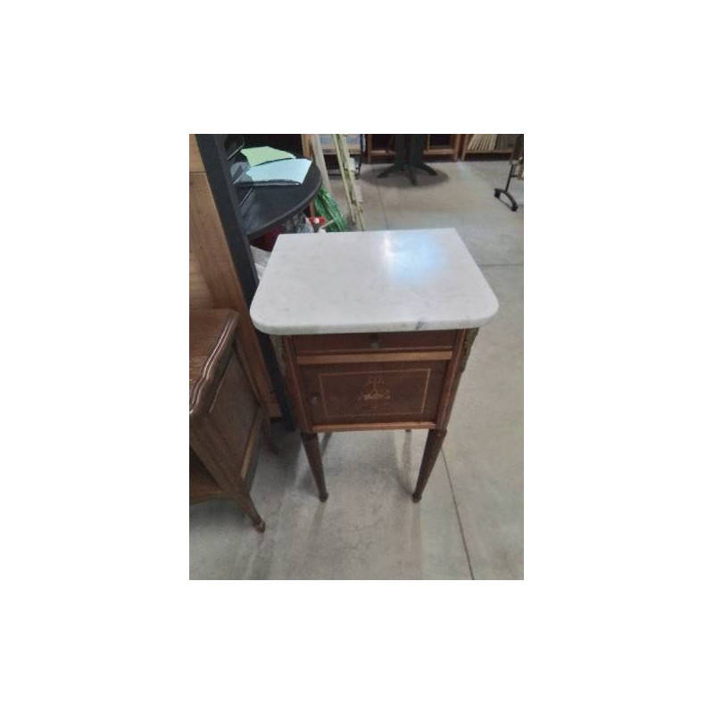 CHEVET BOIS MARQUETÉ GARNITURES BRONZE 1 TIROIR 1 POTTE DESSUS MARBRE BLANC STYLE LOUIS XVI