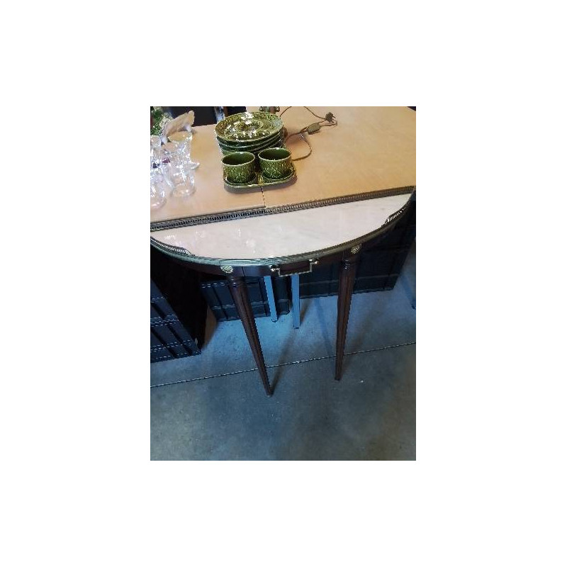 CONSOLE A GALERIE MURAL DEMI LUNE ACAJOU DESSUS MARBRE BLANC STYLE LOUIS XVI 