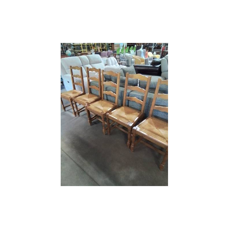 5 CHAISES A ENTRETOISE BOIS CLAIR PAILLÉ DOSSIER CHANTOURNÉ 3 BARREAUX