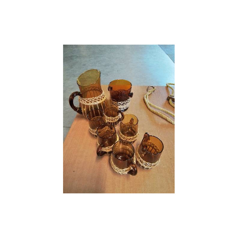 SERVICE A ORANGEADE VERRE TEINTÉ ET VANNERIE 8 PIÈCES ANNÉES 60