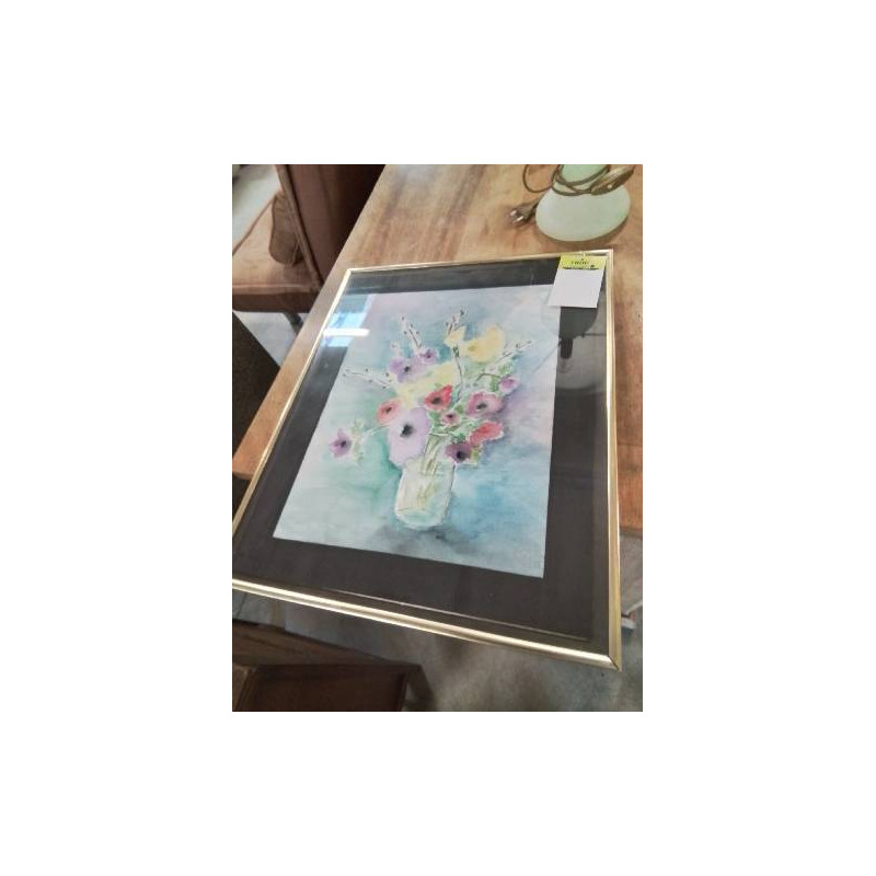 AQUARELLE BOUQUET DE FLEURS CADRE DORÉ 