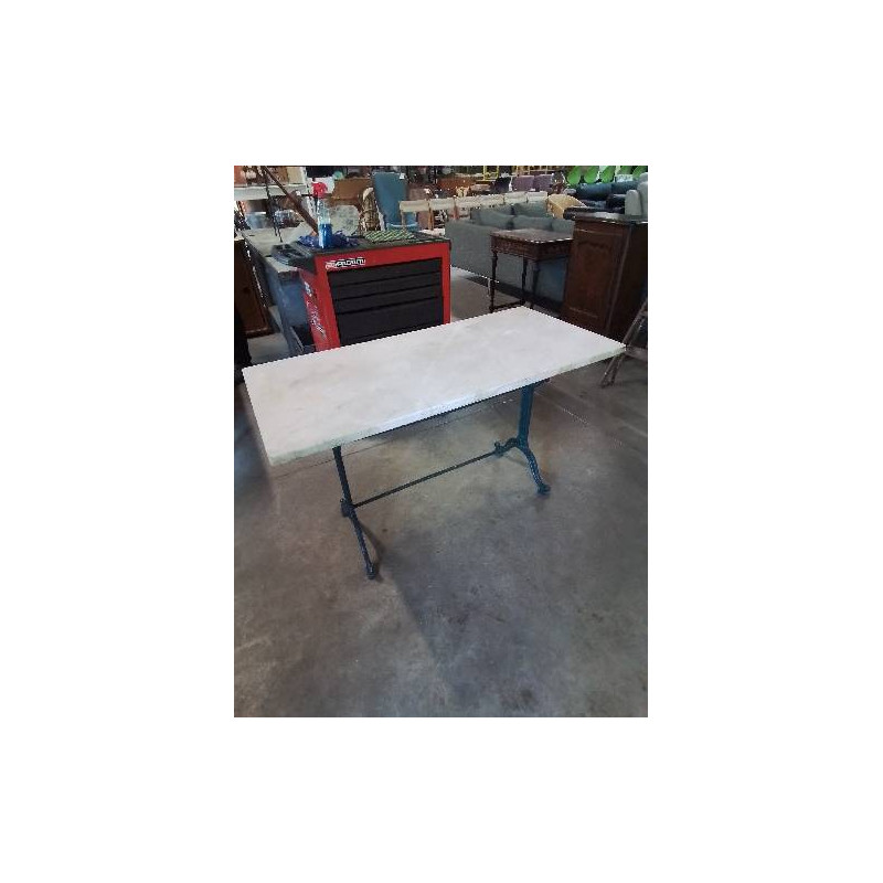 TABLE BISTROT RECTANGULAIRE PIÈTEMENT FONTE BLEU PLATEAU MARBRE BLANC