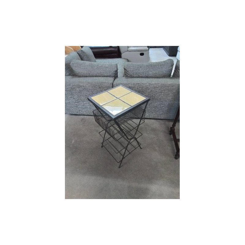 CONSOLE RANGE VINYLE FER FORGÉ NOIR DESSUS CARRELÉ JAUNE ANNÉES 50