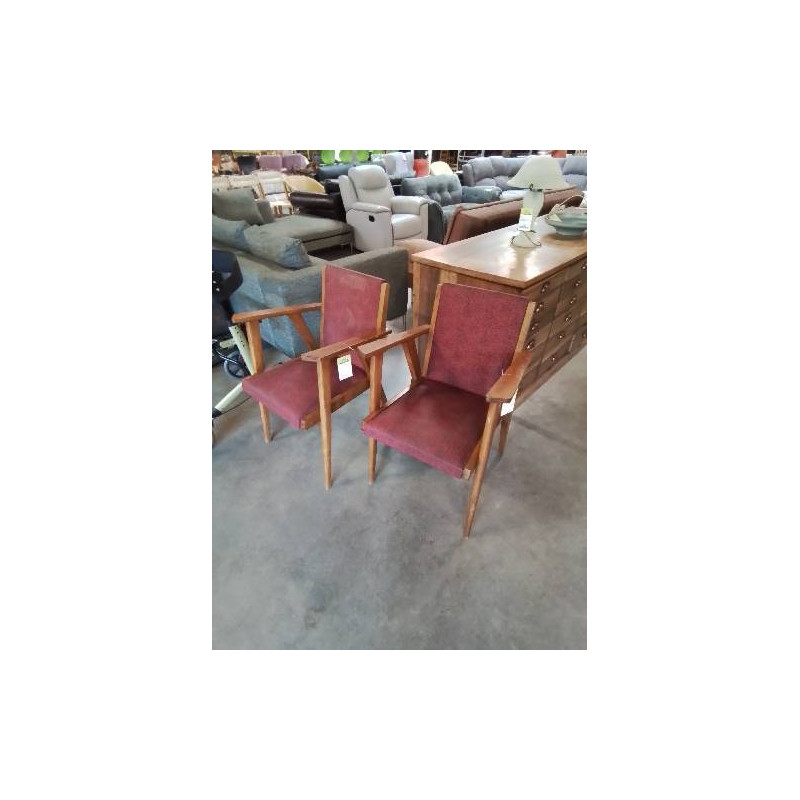 BRIDGE BOIS ASSISE ET DOSSIER CAPITONNÉ SKAÏ ROUGE ANNÉES 50