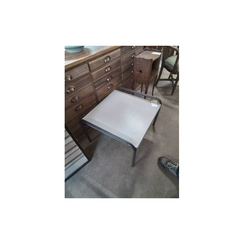 TABLE BASSE CARRÉE PIÈTEMENT MÉTAL GRIS PLATEAU BOIS ECRU