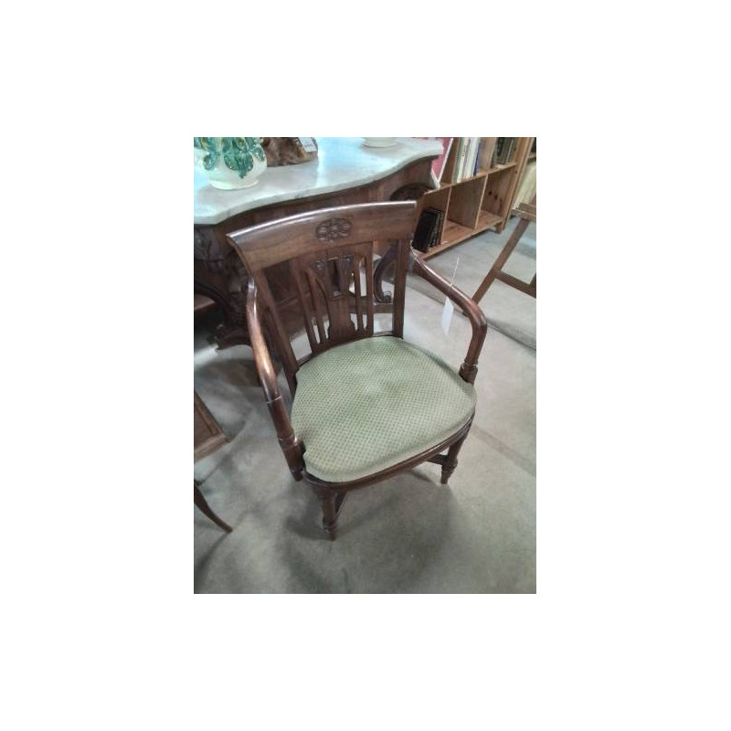 FAUTEUIL STYLE COLONIAL BOIS DOSSIER AJOURÉ A BARREAUX ASSISE TISSU BRONZE DÉBUT XXE