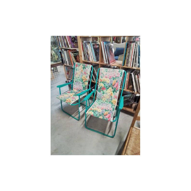FAUTEUIL DE JARDIN PLIANT METAL VERT ET TISSU FLEURI 