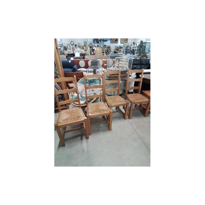 4 CHAISES BOIS CLAIR A ENTRETOISE BOIS PAILLÉ DOSSIER 3 BARREAUX CHANTOURNÉ 