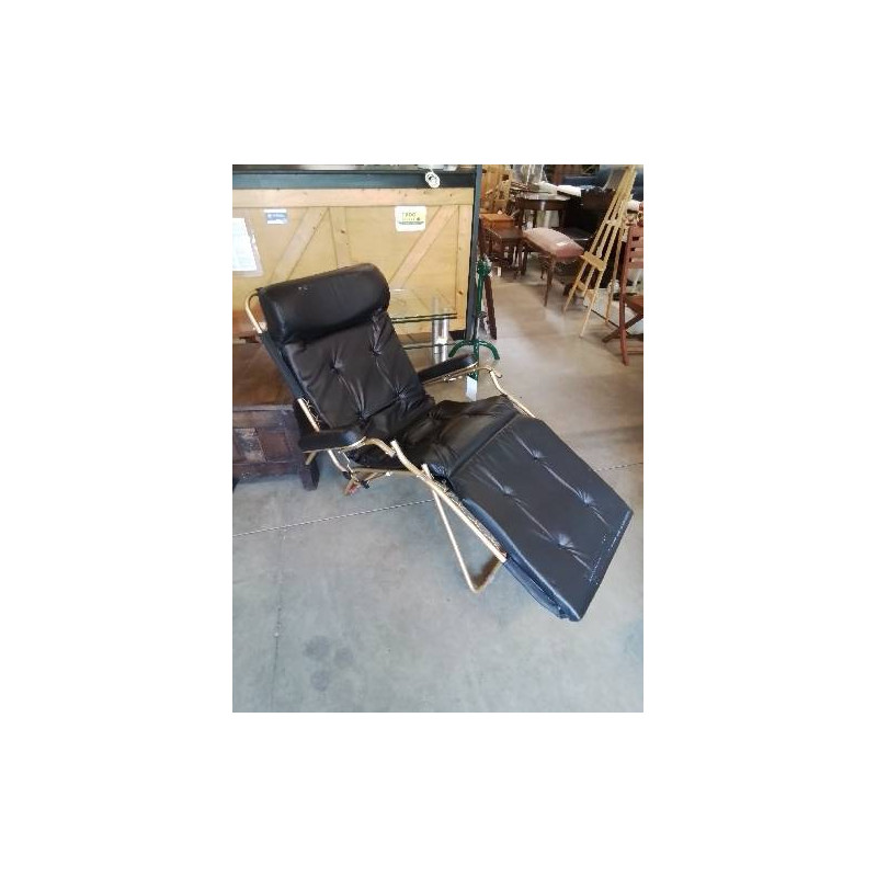 FAUTEUIL RELAX MÉTAL DORÉ ET CUIR NOIR SAMTI ANNÉES 60/70