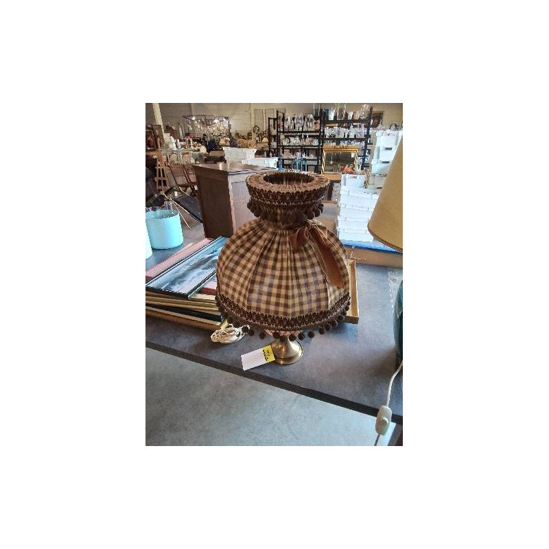 LAMPE VERRE TEINTÉ ROSE SOCLE LAITON AJ VOLANT TISSU MARRON 