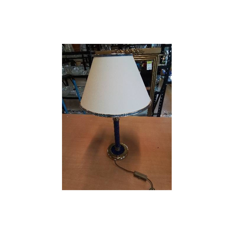 LAMPE COLONNE MÉTAL BLEU ET DORÉ AJ ECRU LISERÉ BLEU 