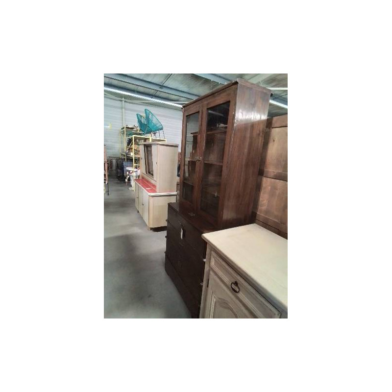 COMMODE BIBLIOTHÈQUE MARINE BOIS EXOTIQUE 2 PORTES VITRÉES 4 TIROIRS  