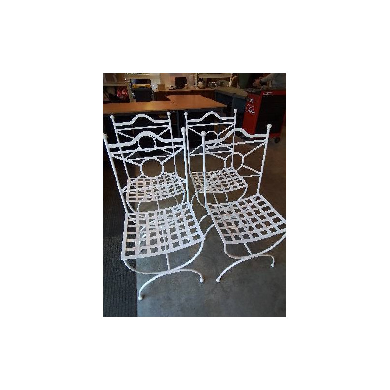 4 CHAISES FER FORGÉ BLANC DOSSIER CINTRÉ ASSISE AJOURÉ AVEC COUSSINS TISSU ÉCRU 