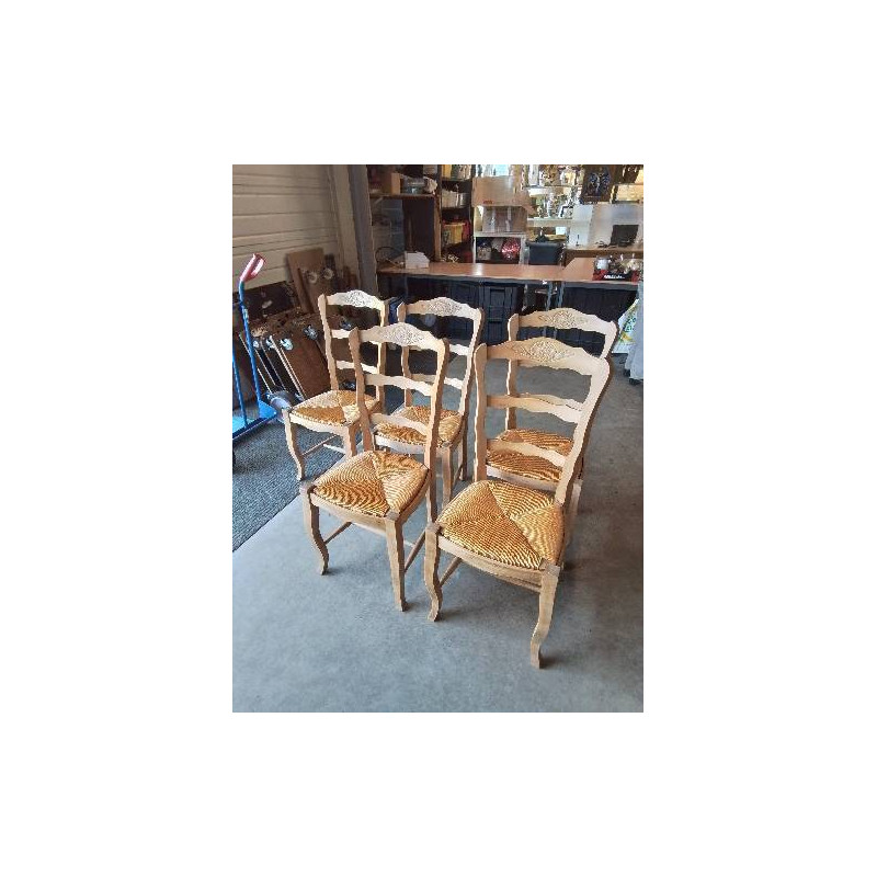 5 CHAISES BOIS CLAIR PAILLÉ STYLE RÉGENCE COQUILLE DOSSIER 3 BARREAUX CHANTOURNÉ 