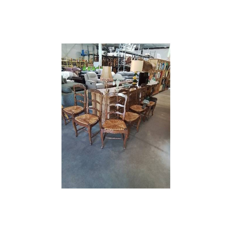 6 CHAISES BOIS PAILLÉ A ENTRETOISE DOSSIER 3 BARREAUX CHANTOURNÉ STYLE RÉGENCE COQUILLE 