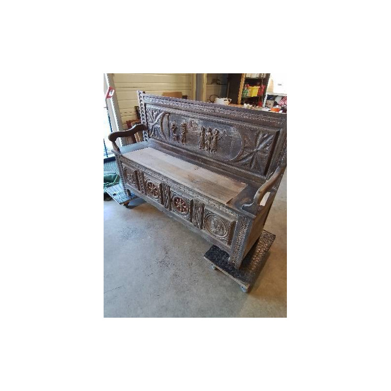 BANC COFFRE BRETON BOIS SCULPTÉ DÉBUT XXE