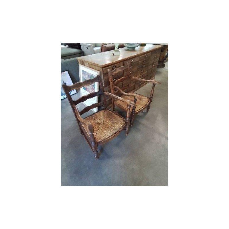 FAUTEUIL DE CHEMINÉE BAS BOIS PAILLÉ DOSSIER 3 BARREAUX 