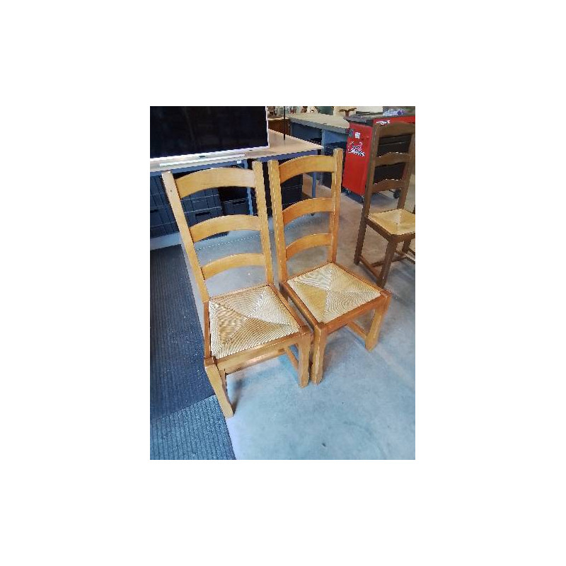 PAIRE DE CHAISE BOIS CLAIR PAILLÉ A ENTRETOISE DOSSIER 3 BARREAUX 