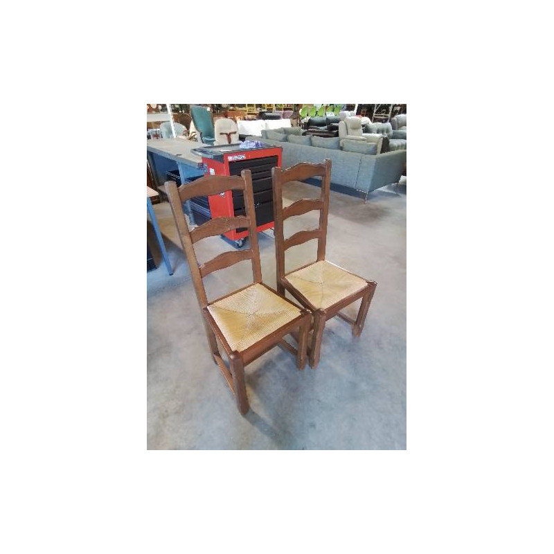 PAIRE DE CHAISES A ENTRETOISE BOIS PAILLÉ DOSSIER 3 BARREAUX CHANTOURNÉ 