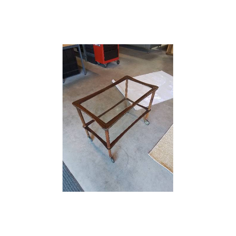 DESSERTE A ROULETTES BOIS ET VERRE 2 NIVEAUX ANNÉES 50