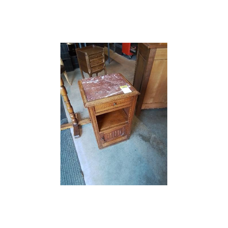 CHEVET BOIS CLAIR MOULURÉ 1 TIROIR 1 NICHE 1 PORTE DESSUS MARBRE ROUGE VEINÉ 