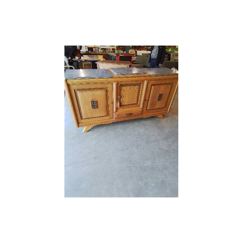 ENFILADE BOIS CLAIR MOULURÉ PIEDS COMPAS DESSUS 3 PLATEAUX MARBRE GRIS ANNÉES 50