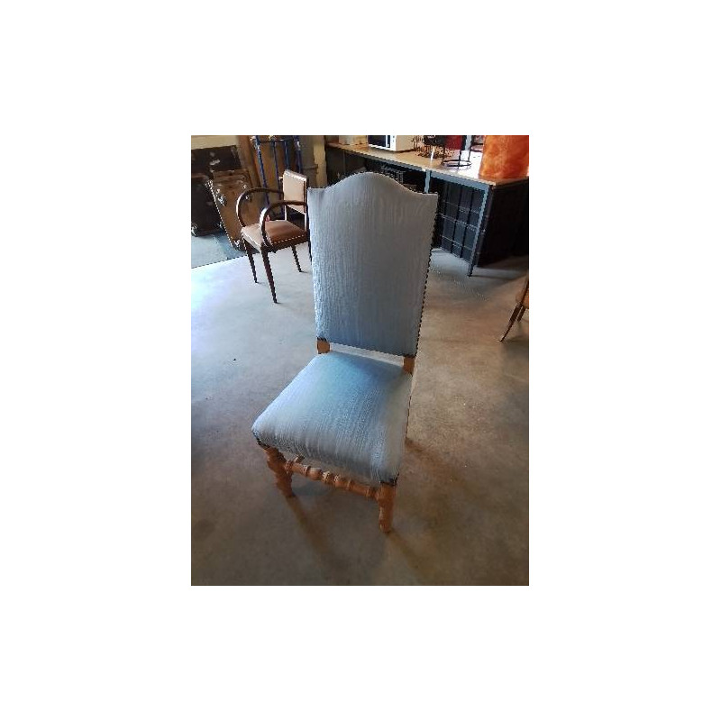 CHAISE PIÈTEMENT BOIS CLAIR TOURNÉ ASSISE ET DOSSIER CINTRÉ CAPITONNÉ TISSU BLEU