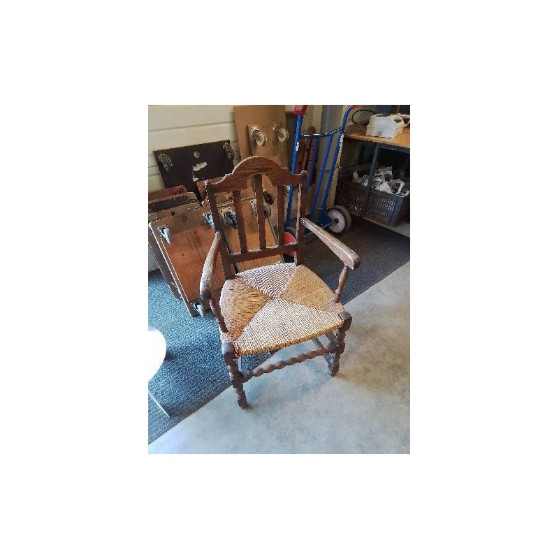 FAUTEUIL DE CHEMINÉE BOIS PAILLÉ DOSSIER CINTRÉ A BARREAUX VERTICAUX 