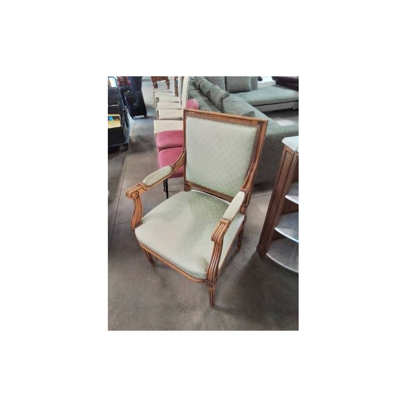 FAUTEUIL BOIS CLAIR ASSISE ET DOSSIER CAPITONNÉ TISSU VERT STYLE LOUIS XVI 