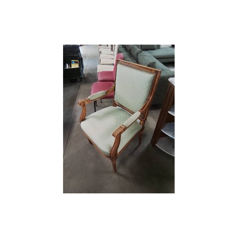FAUTEUIL BOIS CLAIR ASSISE ET DOSSIER CAPITONNÉ TISSU VERT STYLE LOUIS XVI EN L\'ÉTAT 