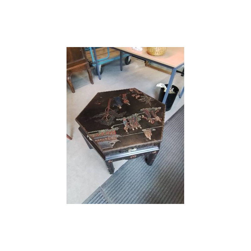 TABLE BASSE HEXAGONALE 6 TIROIRS BOIS NOIR ET NACRE DÉCOR ASIATIQUE 