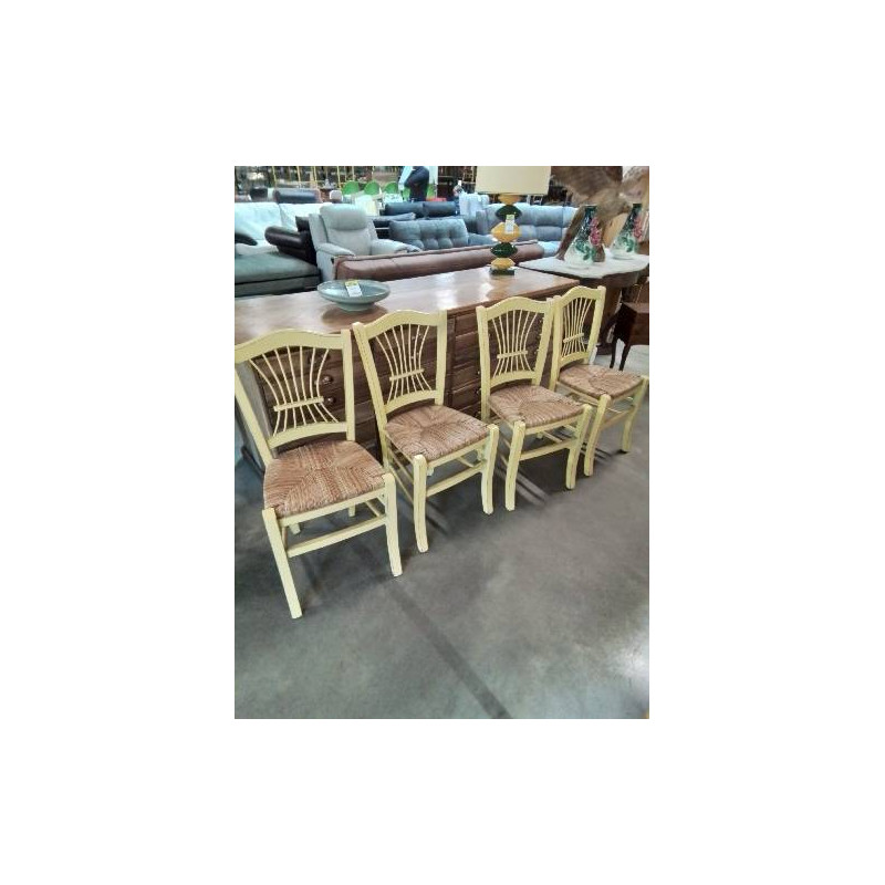 4 CHAISES BOIS JAUNE ASSISE PAILLÉ DOSSIER LYRE