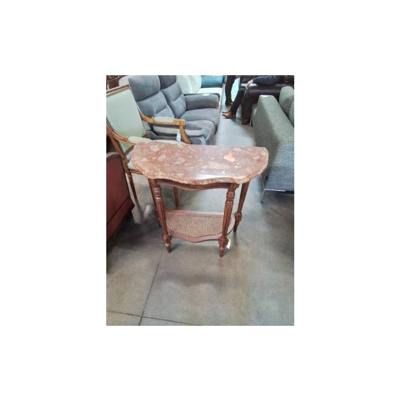 CONSOLE DEMI LUNE A COLONNES BOIS CANNÉ DESSUS PLATEAU ROSE 