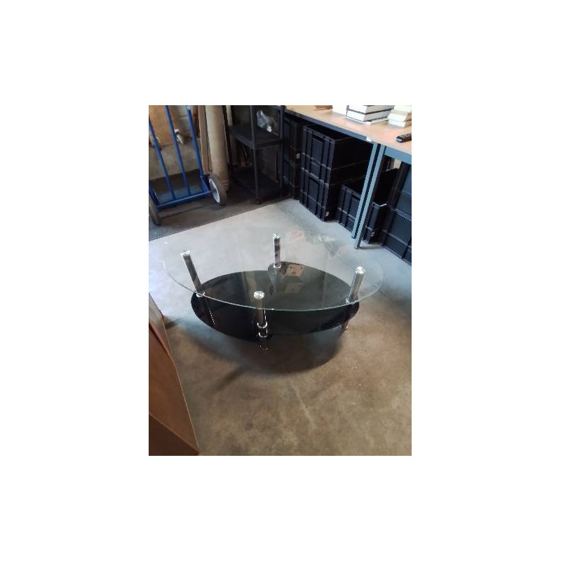 TABLE BASSE OVALE PIÈTEMENT MÉTAL CHROMÉ PLATEAUX VERRE 