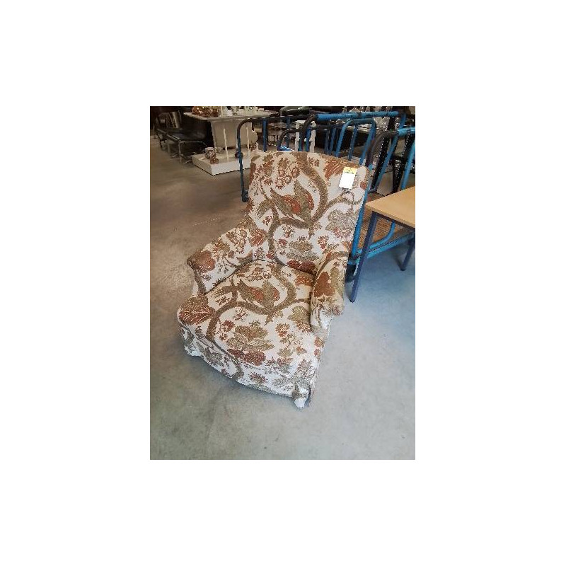 CRAPAUD CAPITONNÉ TISSU ÉCRU AU OISEAUX ET FLEURS NAPOLÉON III 