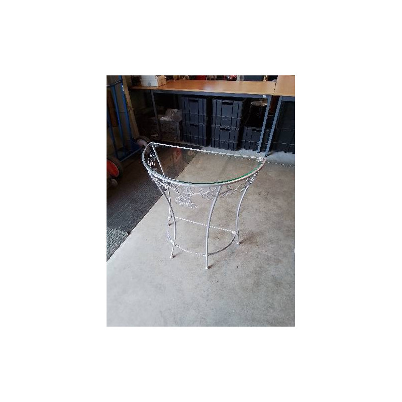 CONSOLE DEMI LUNE PIÈTEMENT MÉTAL PEINT ARGENTÉ DESSUS VERRE