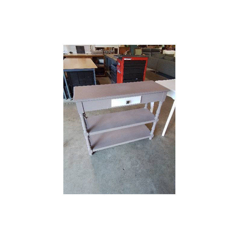 CONSOLE RECTANGULAIRE A COLONNES BOIS PEINT TAUPE 1 TIROIR PEINT BLANC