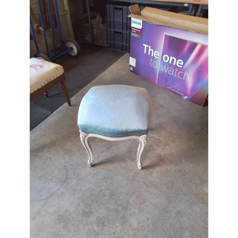 TABOURET BOIS ECRU CAPITONNÉ VELOURS BLEU STYLE RÉGENCE 