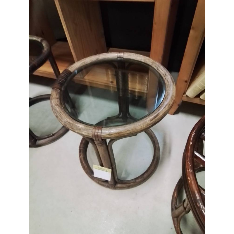 TABLE BASSE RONDE ROTIN ET VANNERIE PLATEAU VERRE FUMÉ ANNÉES 60