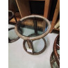 TABLE BASSE RONDE ROTIN ET VANNERIE PLATEAU VERRE FUMÉ ANNÉES 60