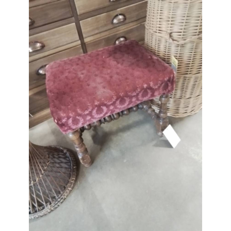 TABOURET PIÈTEMENT BOIS TOURNÉ A ENTRETOISE CAPITONNÉ VELOURS GRENAT 