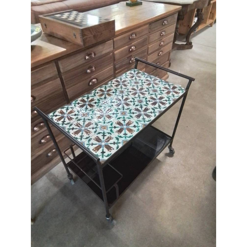 DESSERTE A ROULETTES PIÈTEMENT FER FORGÉ PLATEAU CARRELÉ ANNÉES 50