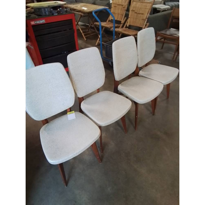 4 CHAISES BOIS ASSISE ET DOSSIER CAPITONNÉ SKAÏ ECRU ANNÉES 50