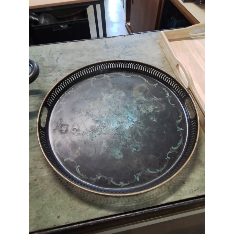 PLATEAU DE SERVICE ROND MÉTAL NOIR PEINT FIN XIXE 