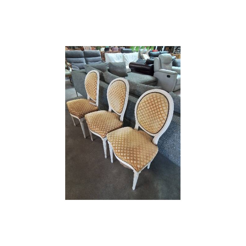 4 CHAISES MÉDAILLON BOIS ÉCRU CAPITONNÉ TISSU OCRE STYLE LOUIS XVI EN L ETAT