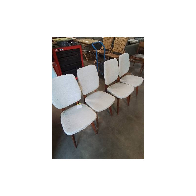 4 CHAISES BOIS ASSISE ET DOSSIER CAPITONNÉ SKAÏ ECRU ANNÉES 50