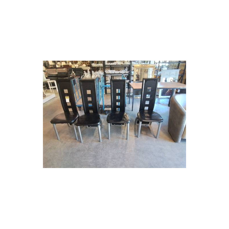 4 CHAISES PU NOIR PIEDS MÉTAL GRIS 