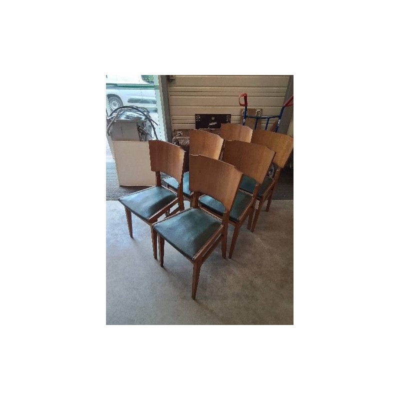 6 CHAISE BOIS CLAIR ASSISE CAPITONNÉ SKAI VERT ANNÉES 50